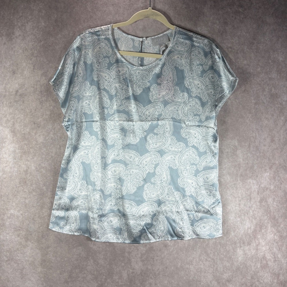 Pure Collection Silk Satin T-shirt Womens 8-10 Blue Paisley Luxury Boho NEW